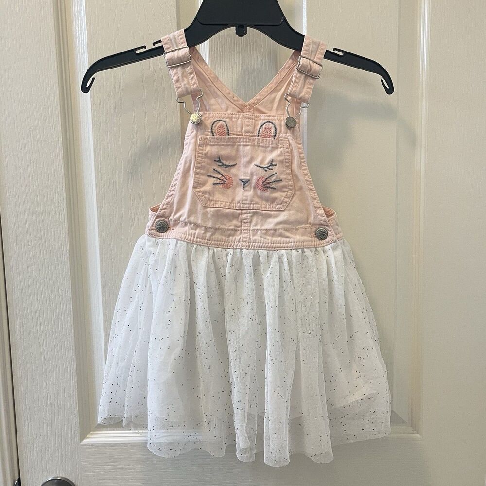Oshkosh B'gosh Pink Overall Dress Bunny Rabbit White Tulle Girls Size 5T